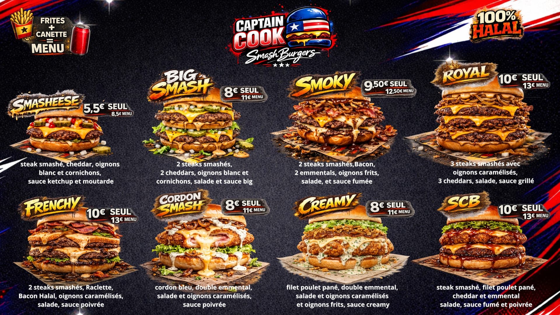 Planche du menu Captain Cook chez Docteur Burger à Mulhouse